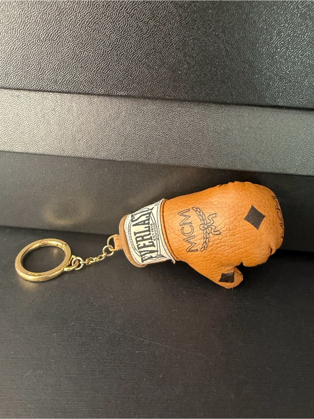 MCM Tan Leather Boxing Glove Keychain with Gold Ring